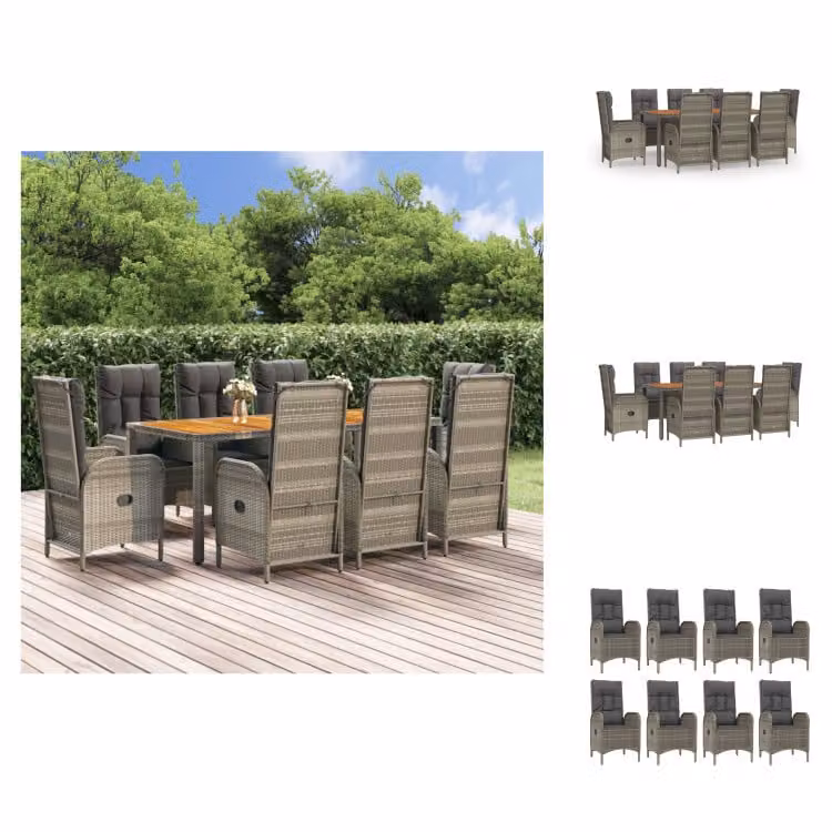 vidaXL set da pranzo da giardino 9 pezzi con cuscini in poly rattan grigio - Set di mobili da giardino