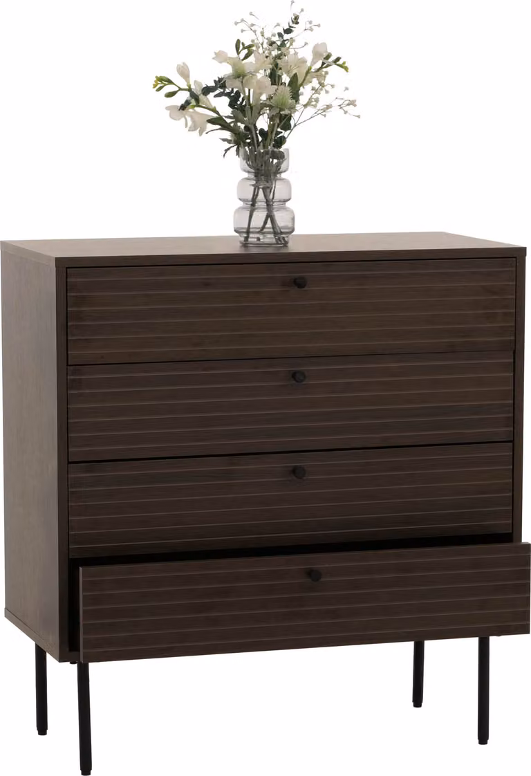 Comò MCW-N78, mobile contenitore, 4 cassetti, stile scandinavo, metallo, legno, melaminico, MVG, 85x80x40 cm, colore marrone scuro
