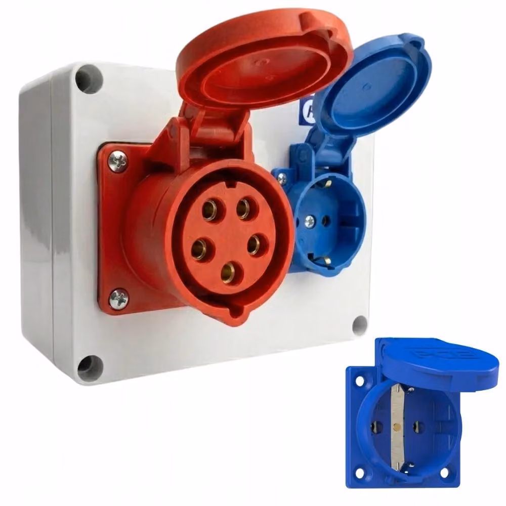 Distributore di corrente per cantiere, prese da 16A, 1x400V e 1x230V, tipo SCHUKO, non collegato