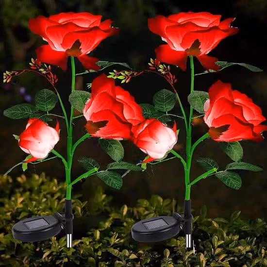 Set da 2 luci solari da giardino con 6 grandi petali di rosa rossi, impermeabili, per vialetti