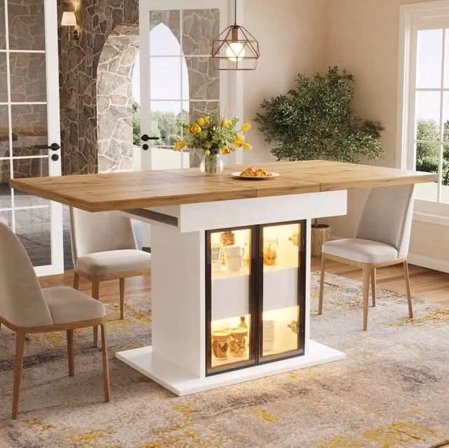 Tavolo da pranzo allungabile ULEVR 110-140x80 cm con 2 cassetti, ante scorrevoli in vetro e LED RGB, bianco