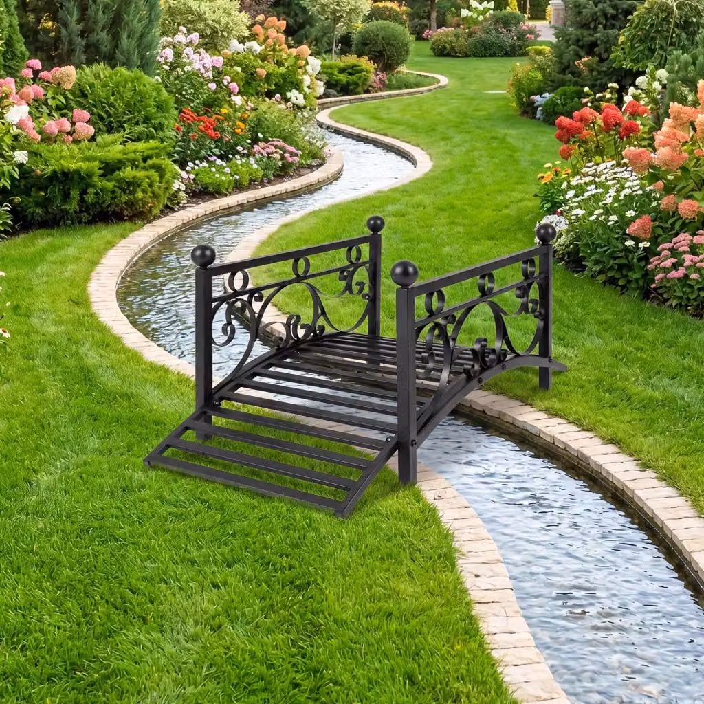 Ponte da giardino in metallo nero con ringhiere di sicurezza e decorazioni floreali, L 101,5 x P 45 x H 43,5 cm – 2
