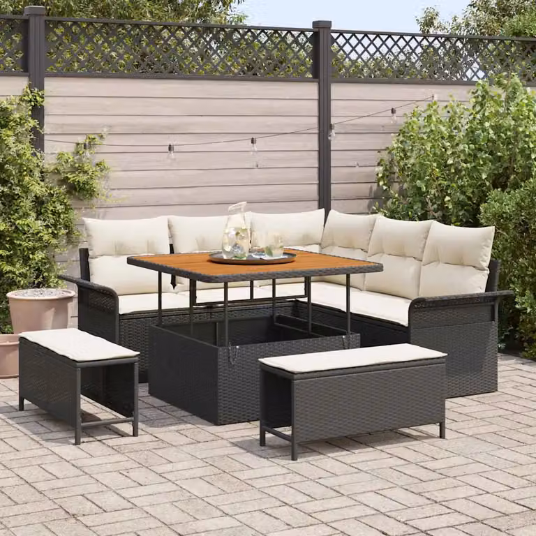 vidaXL Set Divano da Giardino a L con 8 Pezzi, Nero e Beige, con Tavolino e Cuscini