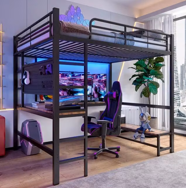 Letto a soppalco 140x200 cm nero con scrivania, LED, USB-C e mensole