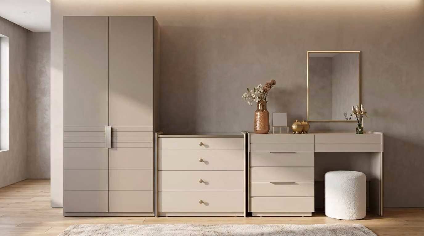 Set per camera da letto beige, moderno, composto da armadio, comò da trucco e mobile contenitore