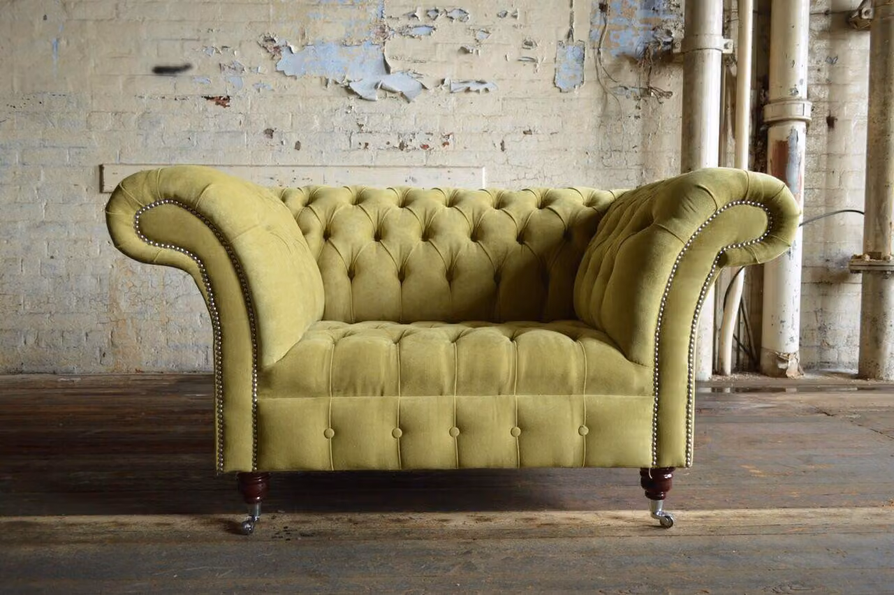 Chesterfield Design Stoff Couch Sessel 1.5 Sitzer Polster Sofas Lounge Samt Grün