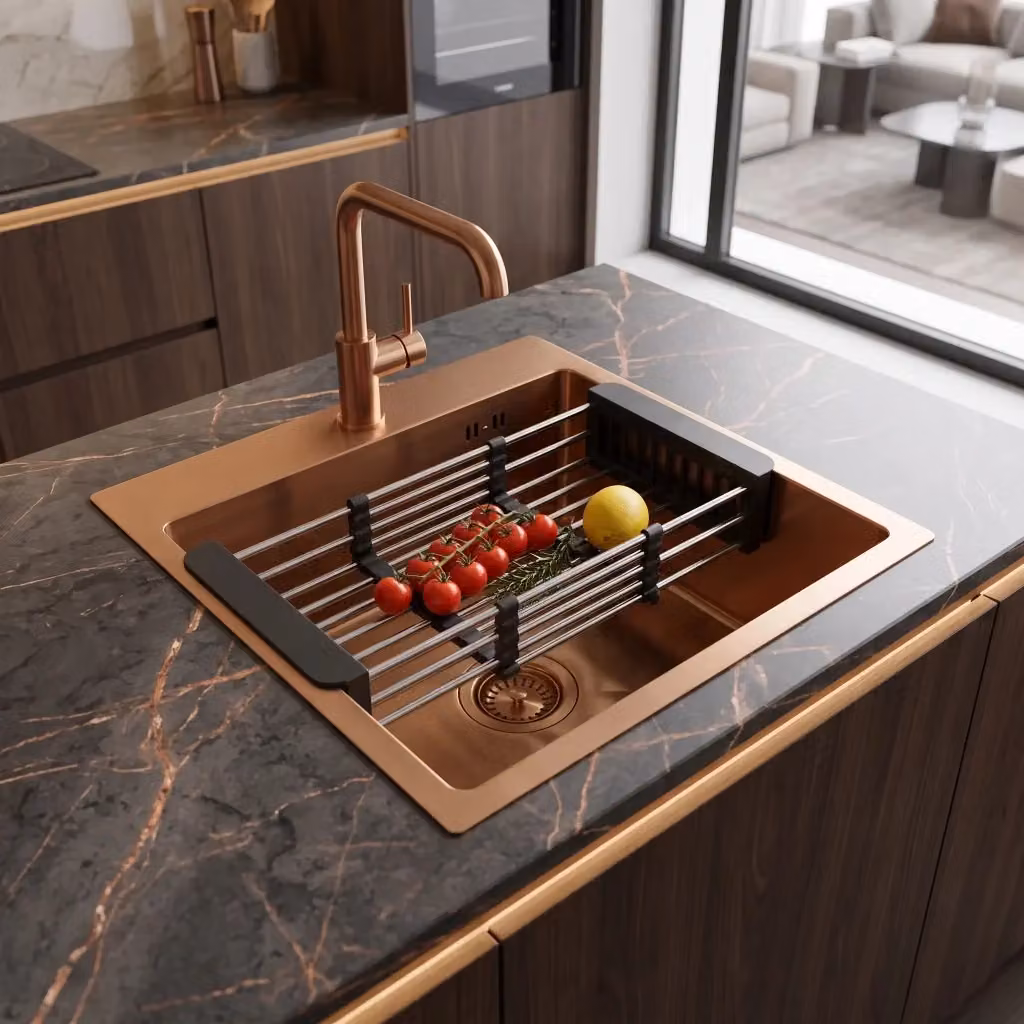 Lavello in acciaio con set di 3 accessori Rea Leo 40 Brush Copper colore beige e bronzo – 2