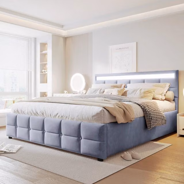 Letto contenitore matrimoniale 180 × 200 cm con LED e sollevamento idraulico, senza materasso, imbottito grigio