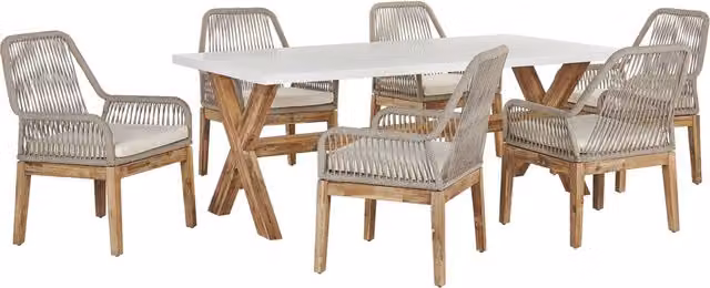 Set da esterno Beliani composto da tavolo rettangolare in cemento e 6 sedie in vimini, colori bianco e beige