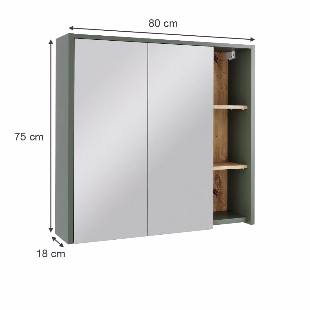 Mobile a specchio per bagno Vicco con ante in vetro e ripiani aperti, Verde/Rovere, L: 80 cm, H: 75 cm – 2