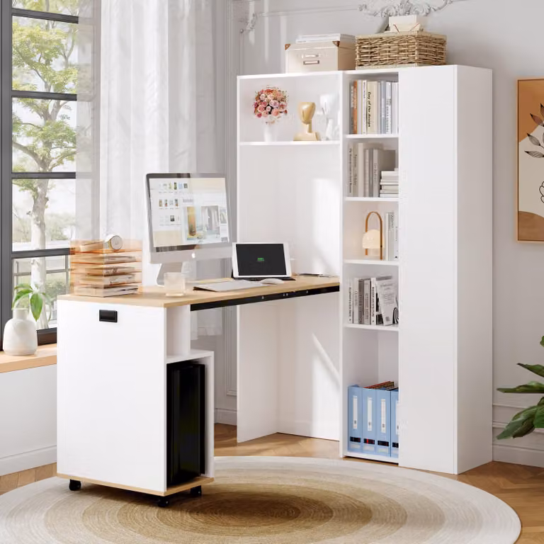 STILVORA Tavolo ribaltabile 2 in 1 con libreria e funzione scrivania, scrivania angolare con ripiani, presa di corrente e porta USB, con sistema anti-ribaltamento, bianco
