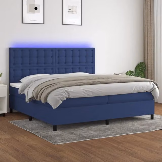 Letto Ibrido Moderno vidaXL con Materasso a Molle Insacchettate, Illuminazione LED Blu e Porta USB, Tessuto Bianco e Blu, L/P: 200 x 200 cm