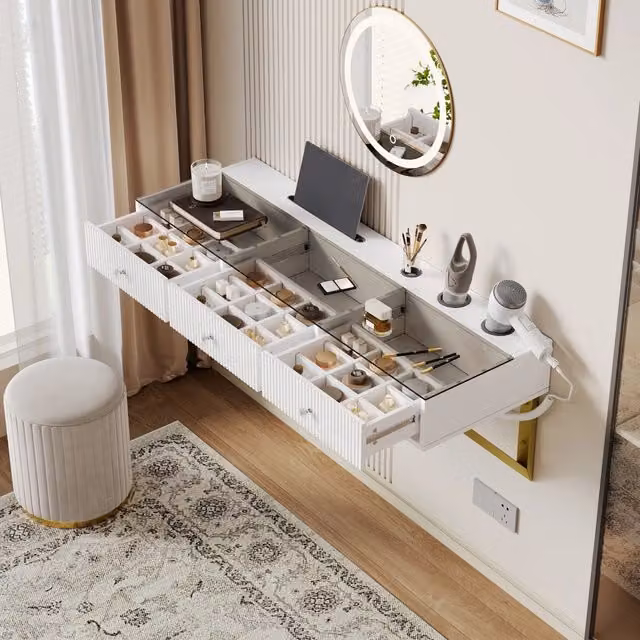 Toeletta con 3 cassetti piano in vetro supporti in metallo bianca 120 × 40 × 45 cm