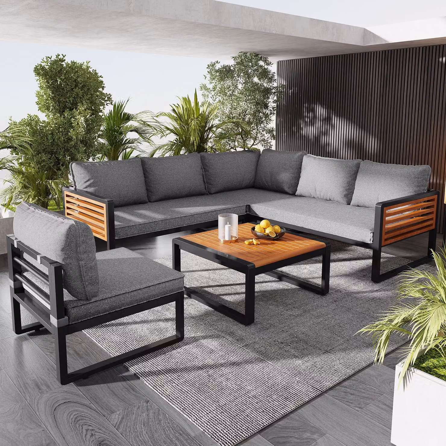 Set STILVORA Artenlounge per 5-6 persone con struttura in ferro zincato e design modulare, set divano da giardino con divano ad angolo e braccioli in legno, set mobili da giardino con piano del tavolo in legno e rivestimenti sfoderabili