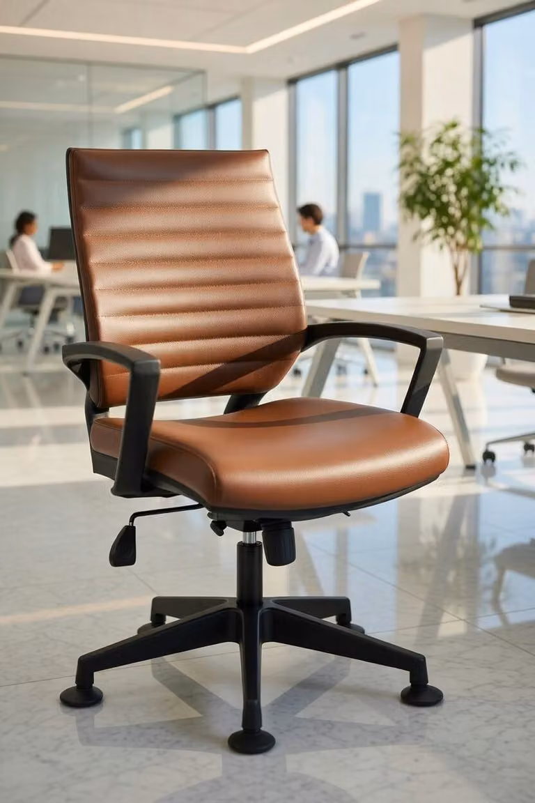 Sedia da ufficio con rivestimento in ecopelle e design ergonomico, progettata per garantire il massimo comfort durante la seduta