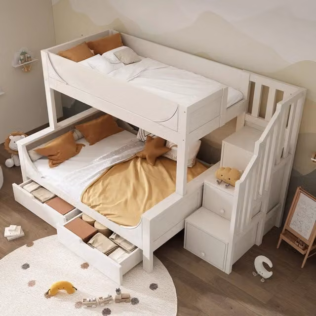Letto a castello 3 posti 90×200 cm e 140×200 cm con scala con armadio, cassetti e barriere, senza materasso, bianco