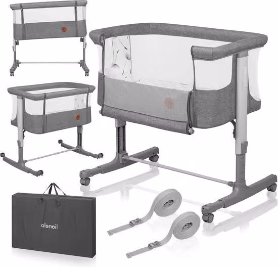 Culla 3 in 1 per bambini fino a 9 kg - lettino accanto al letto - lettino supplementare - Materasso di alta qualità - regolazione di altezza - regolazione di inclinazione - 4 ruote con freno - Grigio Cemento - Culla condivisa