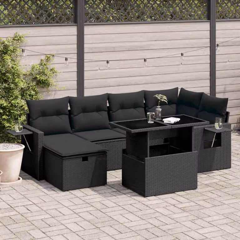 Set Divano da Giardino a L con Tavolino e Ottoman vidaXL, 7 Pezzi, Nero