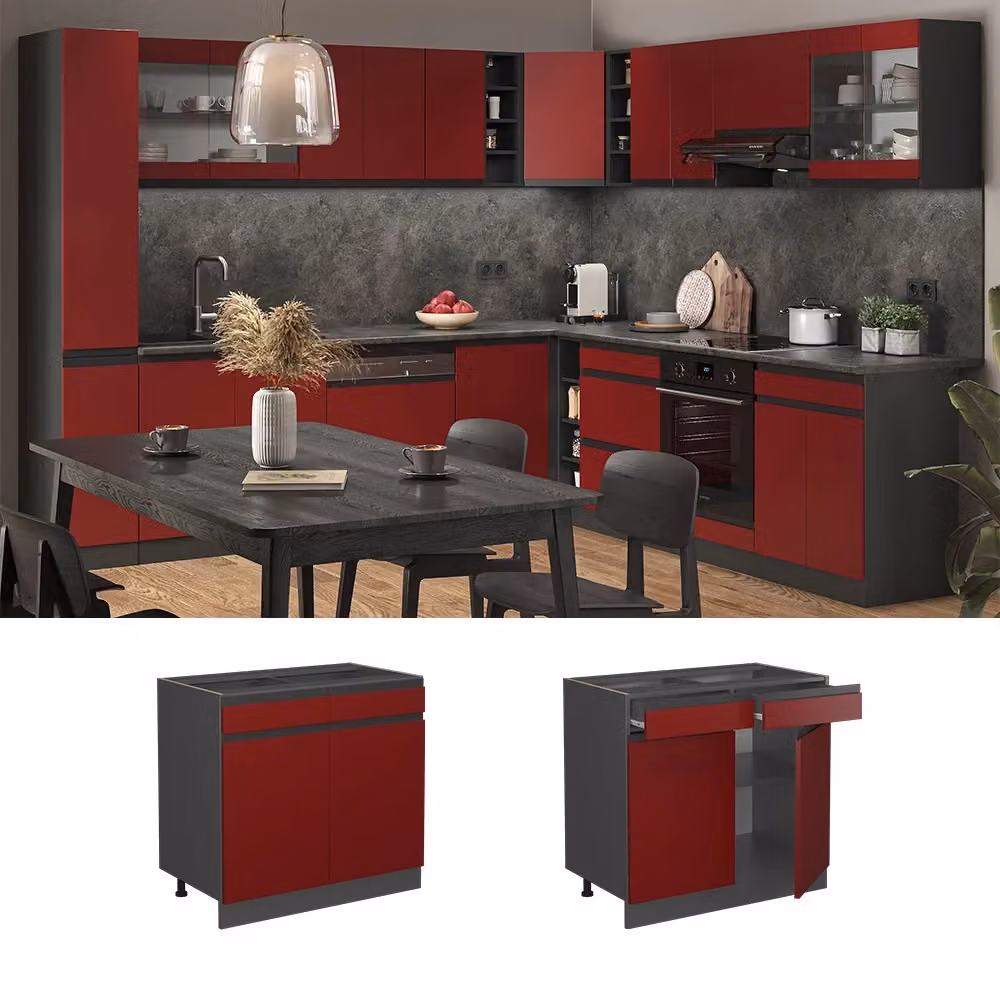 Mobiletto base per cucina Vicco R-Line Rosso e Antracite con ante e cassetti, L: 80 cm – 2