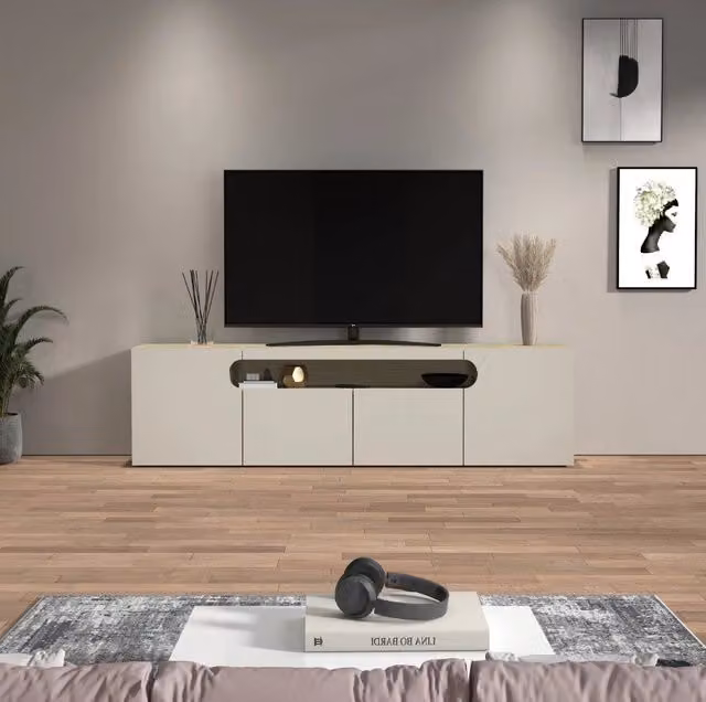 WHOUS Mobile porta TV Real con 4 ante e 1 vano aperto cashmere e rovere chiaro 200x40x60 cm