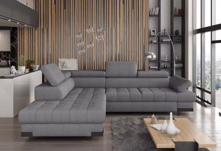 Divano angolare grigio a forma di L, imbottitura in tessuto o pelle, design moderno per soggiorno