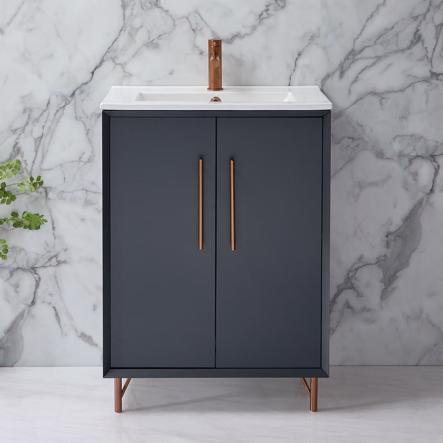 Mobile Bagno Antracite 610mm Con Lavabo E Maniglie Barra Rame Satinato