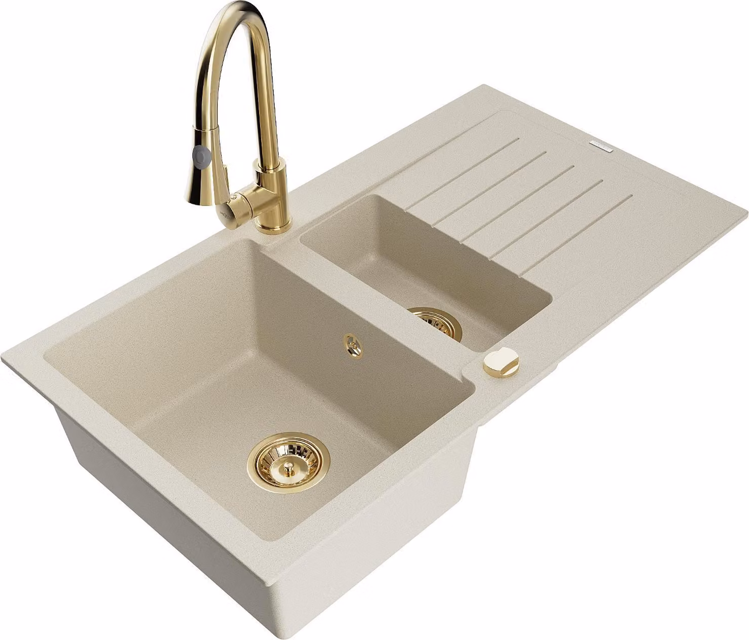 Mexen Matias lavello in granito 1,5 vasche con scolapiatti e rubinetto da cucina Elia, beige - 6502-69-670101-50