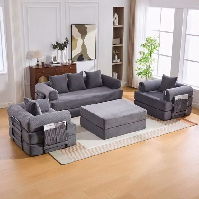 Divano modulare OKWISH a 4 posti in velluto a coste grigio con struttura in metallo e cuscini inclusi