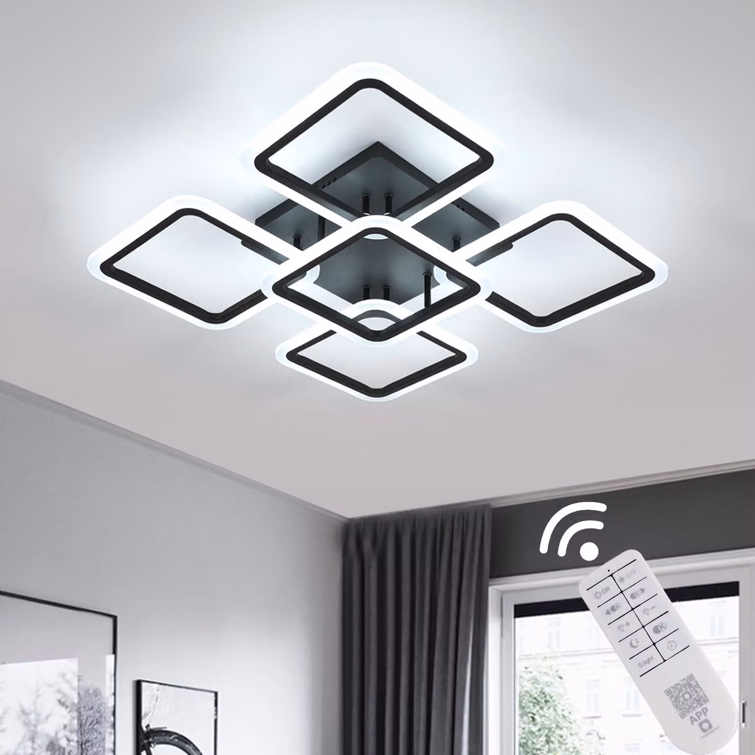 Lampada a LED da soffitto, modello 57W, 6400LM, dimmerabile, colore nero, forma quadrata