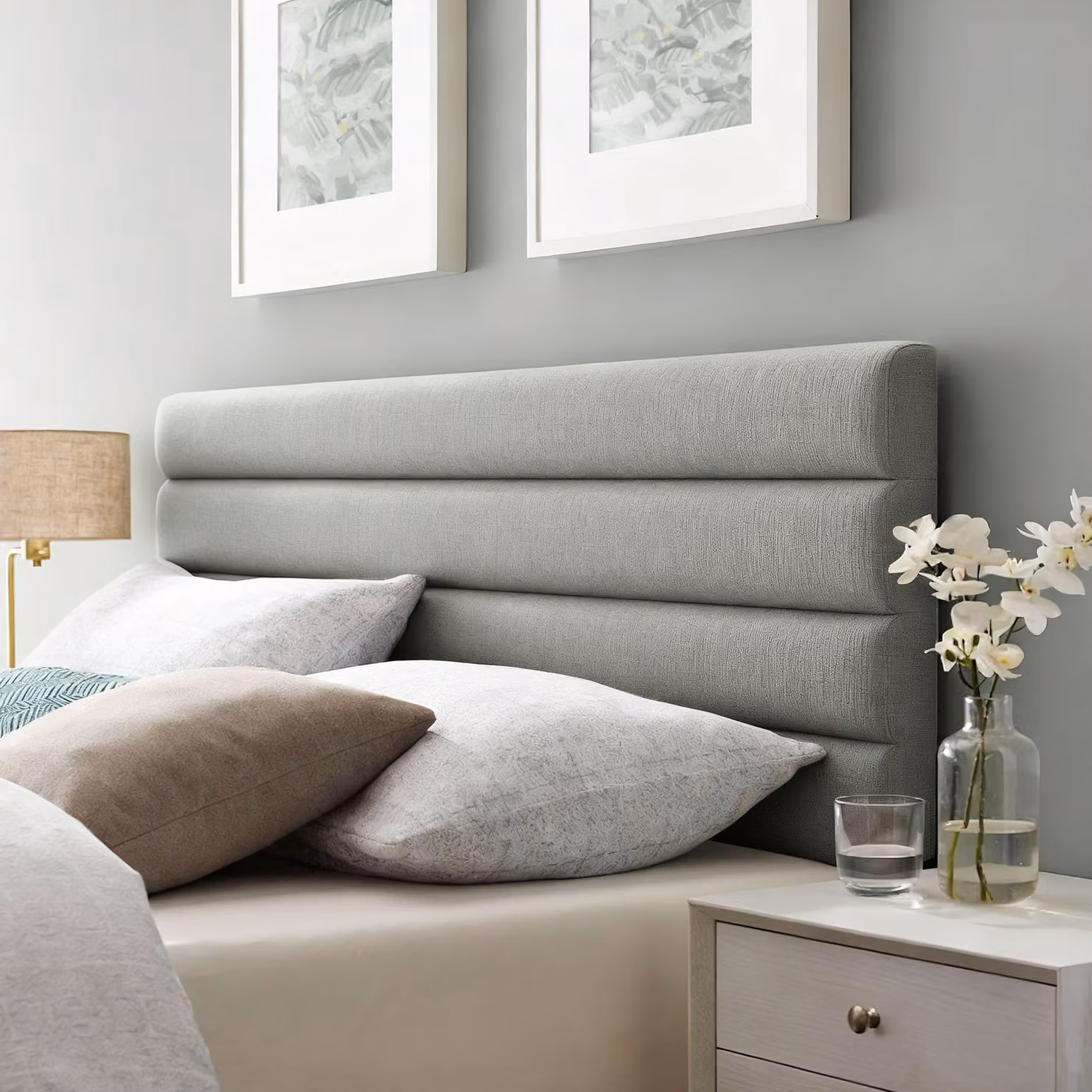 Testiera per letto HOMCOM imbottita in lino grigio, montata a parete, con altezza regolabile in 3 livelli per letto da 140 cm – 2