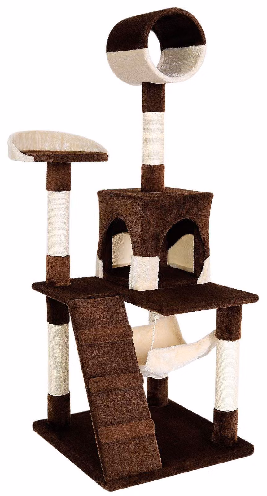 tiragraffi lionto, elegante albero per gatti da 133 cm con copertura in peluche, robusti paletti in sisal e versatili aree di riposo, marrone/beige