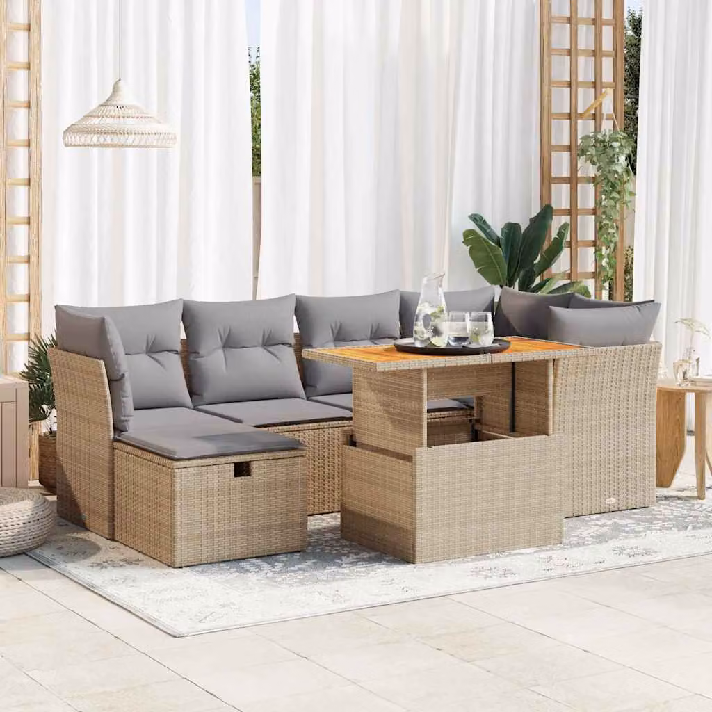 Set Divani da Giardino vidaXL 7 pz in Polyrattan con Cuscini Beige e Tavolino da Esterno