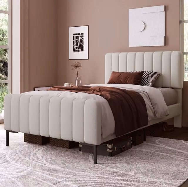 Letto 90x200 cm beige – rete a doghe e testiera regolabile, senza materasso