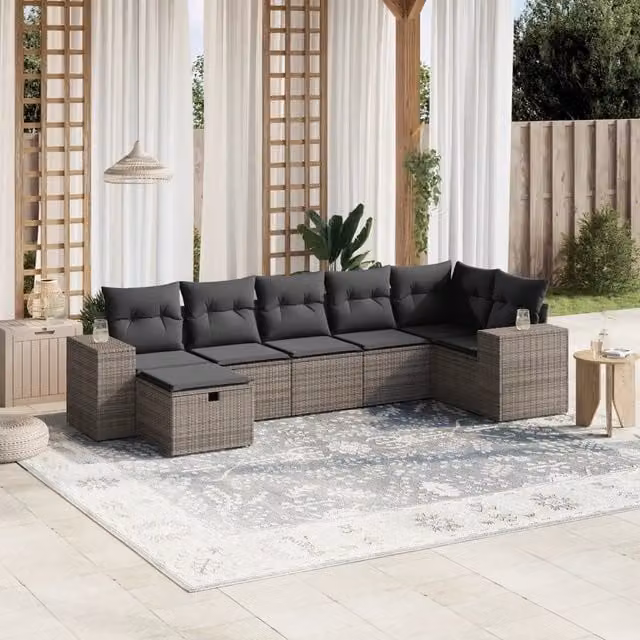 Set Divani da Giardino 7 pz con Cuscini Grigio in Polyrattan 3264436