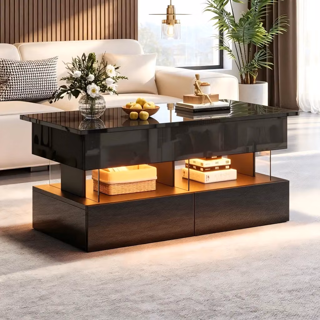 Tavolino SINGULARTY moderno con finitura lucida e dettagli in vetro, nero, L: 100 cm, P: 50 cm, H: 46 cm – 2