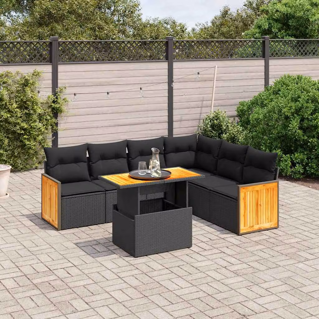 Set Divani da Giardino a L vidaXL in Polyrattan Nero con 7 Cuscini e Tavolino da Caffè