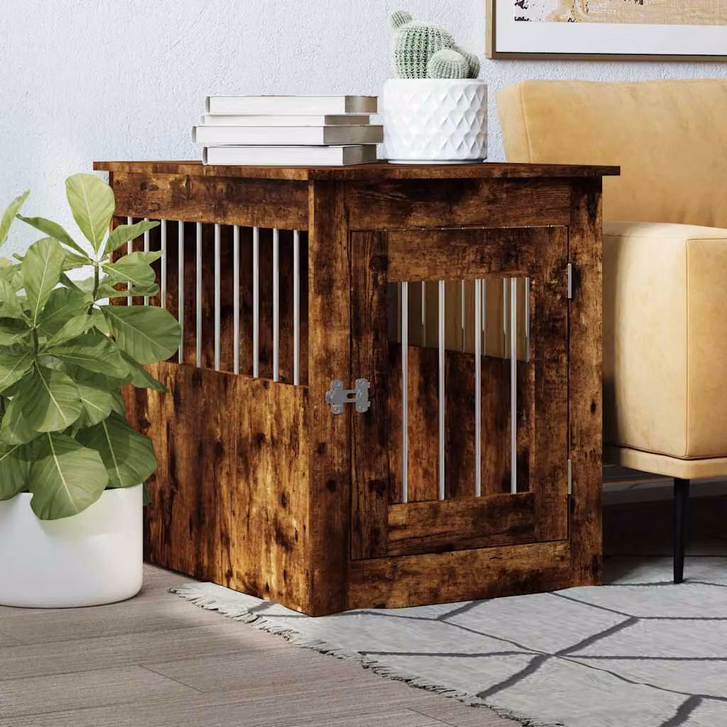 Gabbia per cani da arredamento vidaXL in legno e metallo, colore rovere fumo, L: 75 cm, P: 55 cm, H: 65 cm