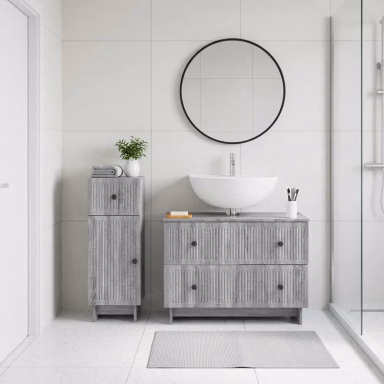Set di 2 mobili da bagno moderni vidaXL EDE in legno MDF grigio opaco con ante a cerniera e ripiani interni