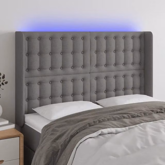 Testiera con LED Design Mania in tessuto grigio con porta USB e luce di lettura, L: 147 cm, P: 16 cm, H: 118/128 cm