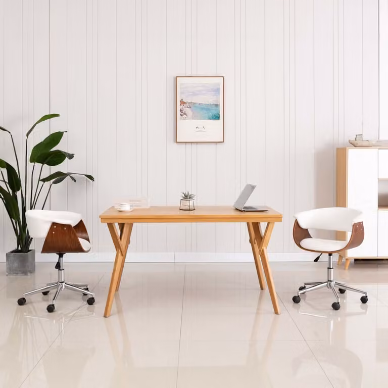 The Living Store Sedia da ufficio girevole in legno curvato bianco e Pelle finta