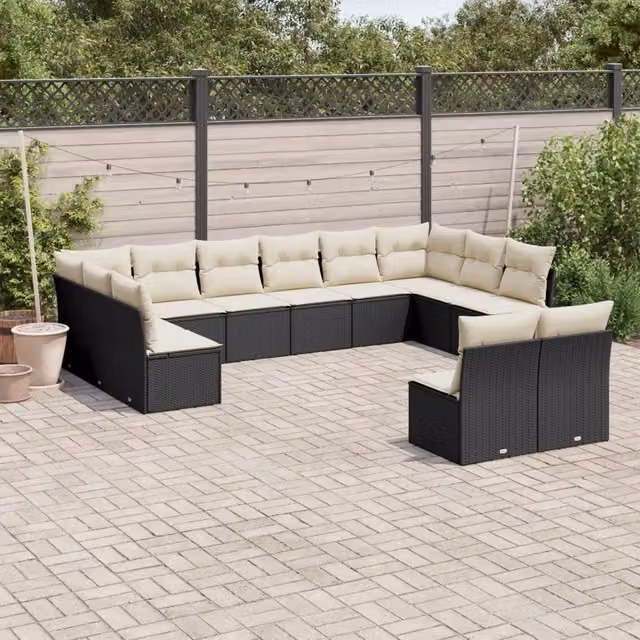 Set di Divani da Giardino VIDAXL a Forma di U in Polyrattan Nero con Cuscini, 12 Posti – 1