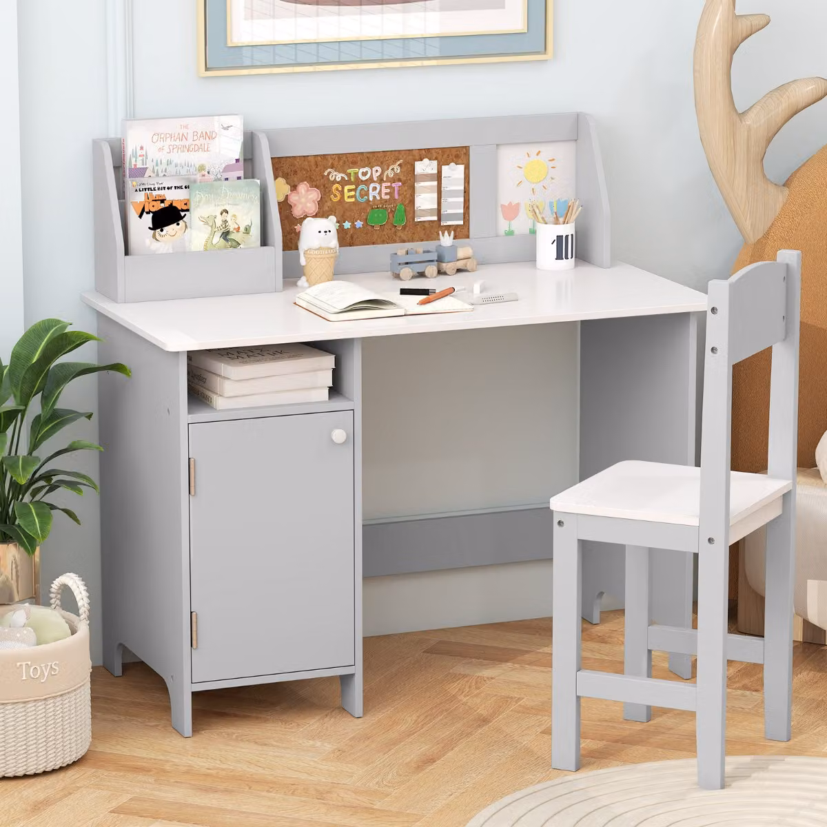Set di scrivania e sedia per bambini Costway in legno con scaffale e armadietto, Postazione di scrittura moderna Grigio