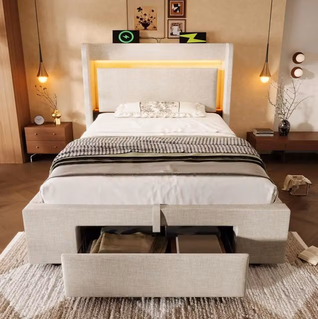 Letto 90x200 cm beige – contenitore idraulico, LED e USB-C, con materasso