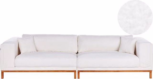 Divano moderno Beliani in tessuto bouclé bianco con gambe in legno oliato per il tuo soggiorno, L: 308 cm, P: 118 cm, H: 79 cm