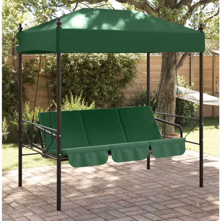 Panchina a dondolo da giardino con baldacchino vidaXL verde in acciaio con cuscini inclusi e funzione convertibile in letto