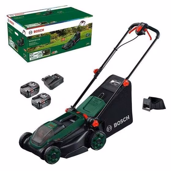 Tagliabordi a batteria Bosch Rotak 18V2-38, 18 V, larghezza di taglio 38 cm, con 2 batterie da 4 Ah e caricabatterie inclusi