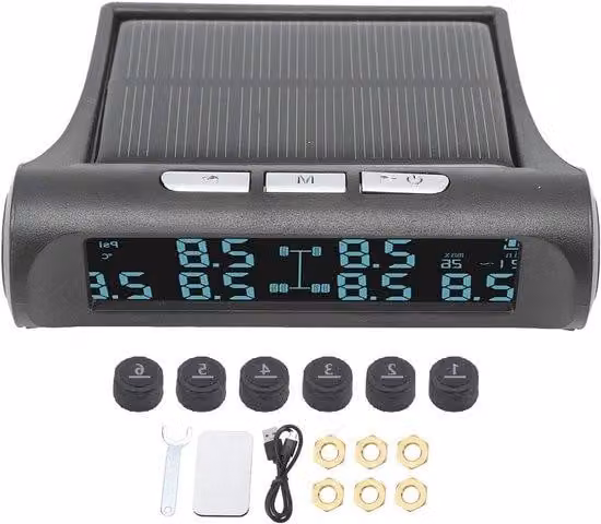 Sistema di controllo della pressione dei pneumatici con display LCD – Per una guida sicura – Alimentazione a batteria – 6 sensori – Colore: nero
