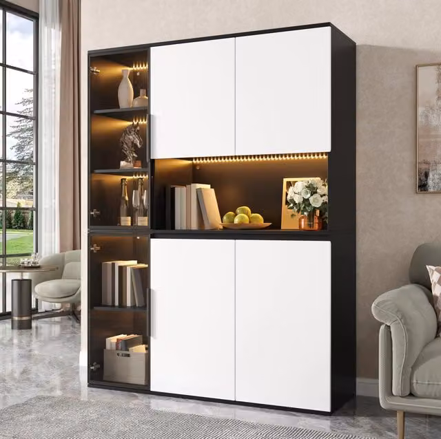 Vetrina alta ULEVR 120x40x160 cm con LED a colore regolabile, elementi in vetro e vani contenitore, bianco e nero