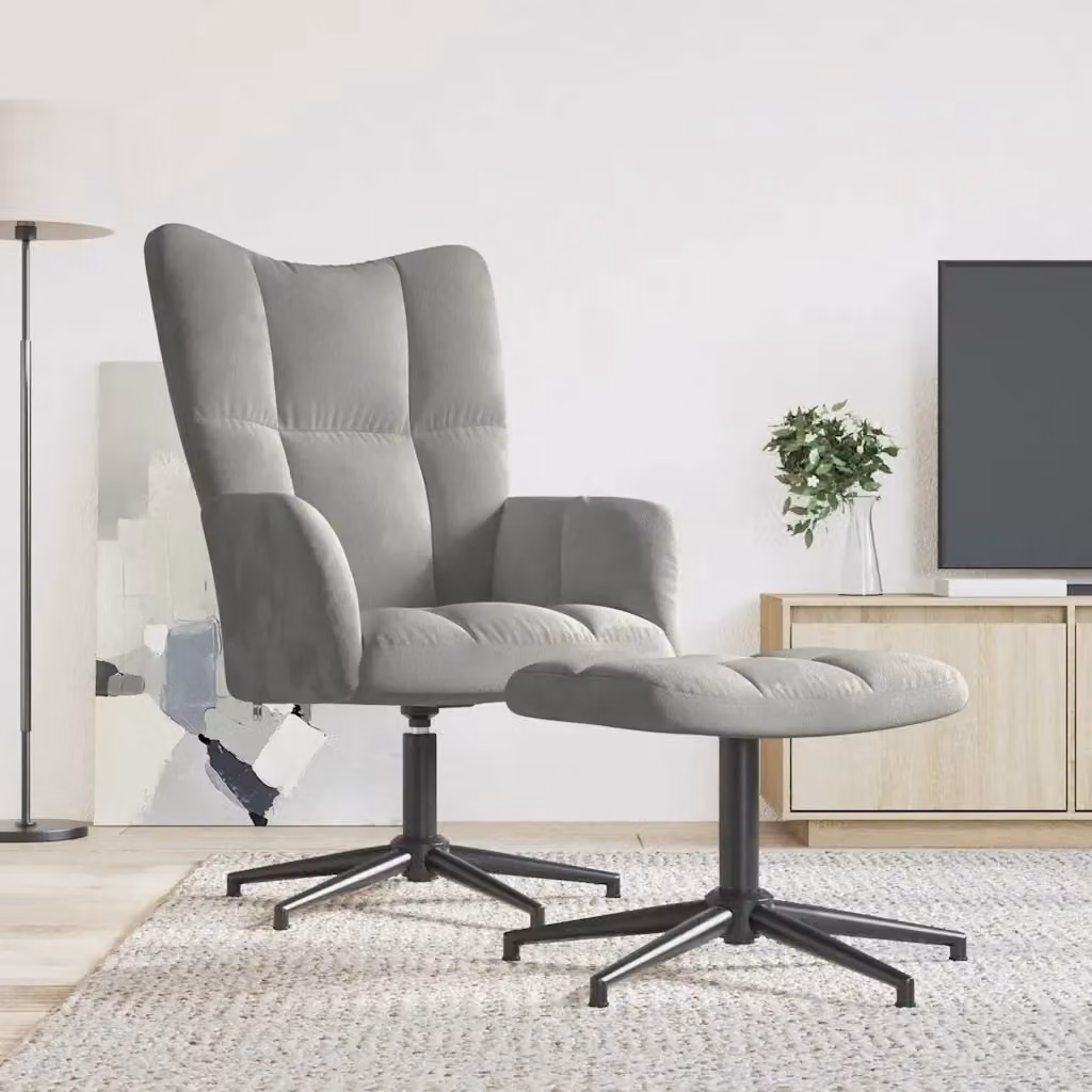 Poltrona Relax con Poggiapiedi in Velluto Grigio, Sedia Reclinabile Girevole 360 con Braccioli e Struttura in Metallo – 2