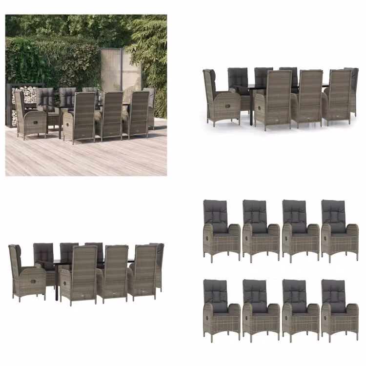 vidaXL Set da pranzo da giardino 9 pezzi con cuscini in poly rattan nero e grigio - Set da pranzo da giardino - Set da pranzo da giardino - Set da pranzo da terrazza